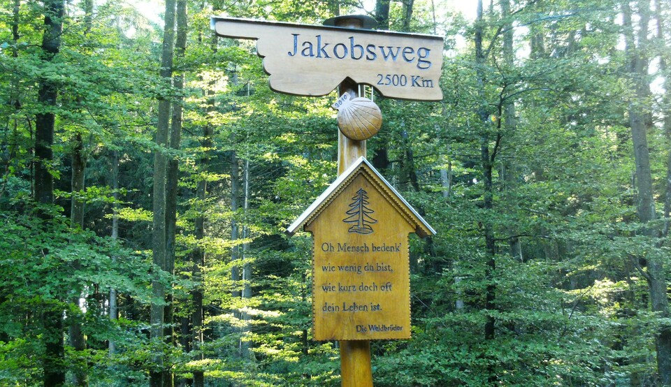 Wegweiser am Hegauer Jakobsweg im Wald